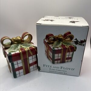 Fitz And Floyd Plaid Ceramic Christmas Lidded Box Trinket Present Decoration Bow